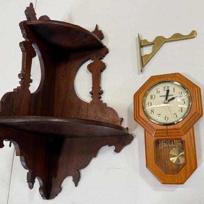 Vintage Wood Whatnot Corner Shelf With Solid Brass Hanger And Miniature Lone Oak Clock