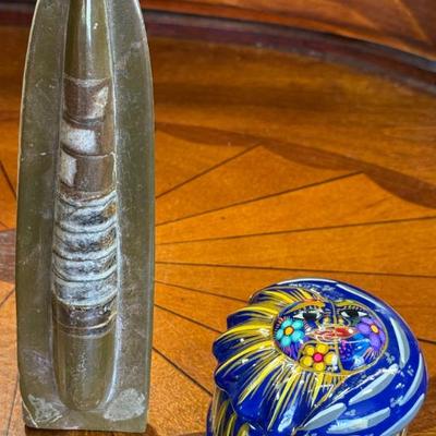 Orthoceras Polished Fossil And A Talavera Mexico Sun And Moon Trinket Box
