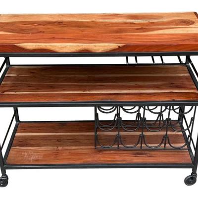 Rustic 2 Tier Bar Cart With Butcher Block Style Top With Built In Bottle And Glass Racks