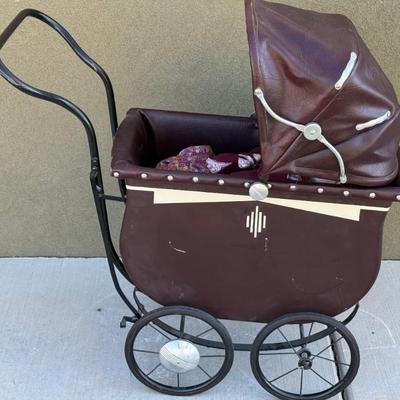 Vintage 1940's Doll Buggie Pram, Black Metal, And Naugahyde With Hand Made Doll
