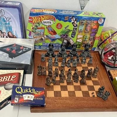 Assorted Toy And Game Lot - Hot Wheels, Dragon Chess, Scrabble, Puzzles, And More