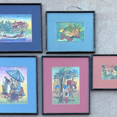 (5) Colorful Vietnamese Prints In Faux Bamboo Style Frames With Glass Fronts (As Is)