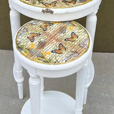 Small Pair Of Hand Painted Decopag Floral Butterfly Nested Tables