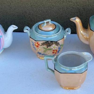 Made In Japan Hand Painted Porcelain Tea Pot, Cream And Sugar, And A Lorelei Ray 1986 Unicorn Tea Pot