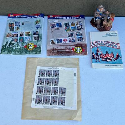Dave Grossman Boy Scouts Of America Ceramic Figurine, Boy Scout Song Book, And 3 Sheets Of Stamps