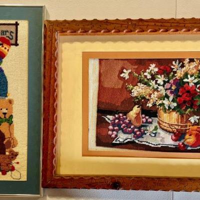 (2) Vintage Framed Needle Points - Bears And Still Life (as Is)