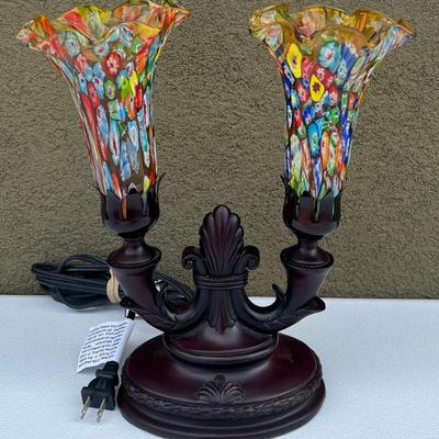 Table Top Metal Base Tulip Lamp With Art Glass Millefiori Shades