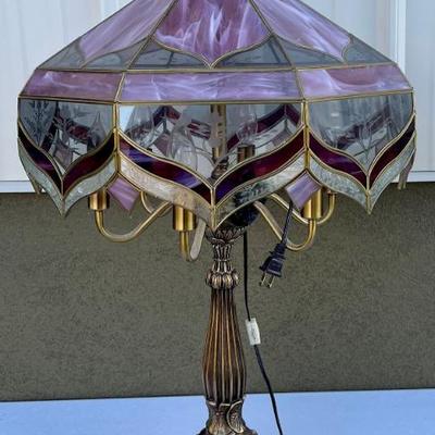 Vintage Tiffany Style 31" Brass Candelabra Table Lamp With Clear And Slag Glass Shade