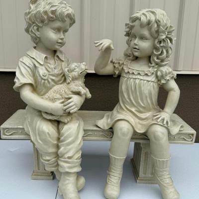 Yard Art Resin Boy And Girl With Puppy On Bench 3 Piece Set (as Is)