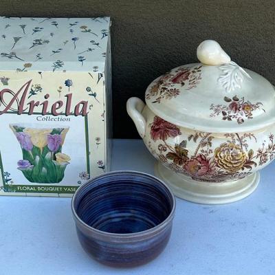 Vintage Staffordshire England Floral Soup Tureen With Ladle, Ariela Collection Floral Vase, And More