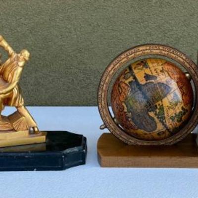 (2) Vintage Sets Of Book Ends - Italy Wooden Spinning Globes And Gold Tone Metal