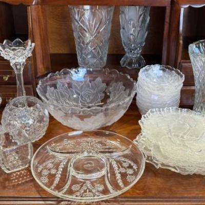 Large Lot Of Clear Pressed Glass And Crystal - Salad Set, Candle Holders, Vases, Candy Dish, And More