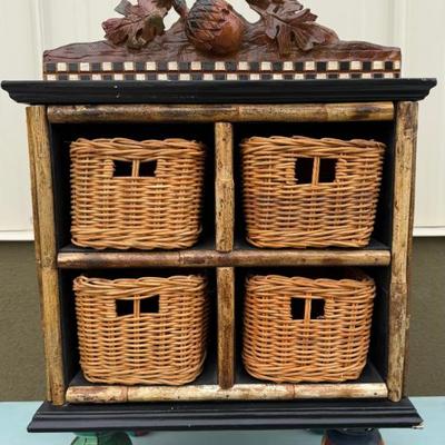 House Of Hattan Wood And Rattan Whimsical Storage Cabinet With 4 Baskets