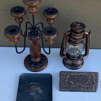 Cast Iron Bacon Press With Wood Handle, 15" Candleabra, Battery Lantern, 7" Metal Wall Hanging