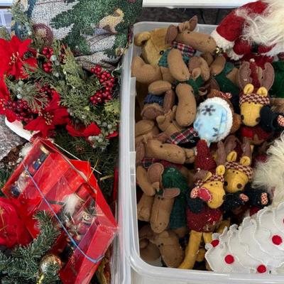 (2) Full Totes Of Holiday Decor - Moose, Nut Crackers, Ornaments, Throw Blanket, And More