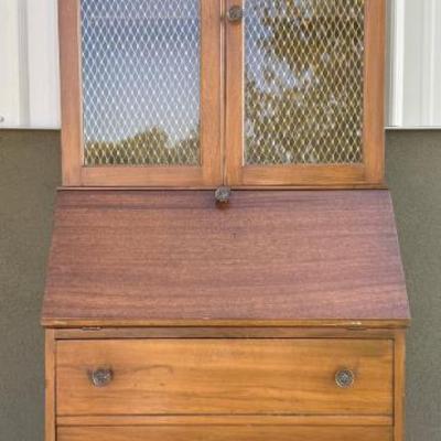Vintage Chippendale Style Maple Drop Front Secretary Desk With Glass Front Doors And Lattice Metal Inserts