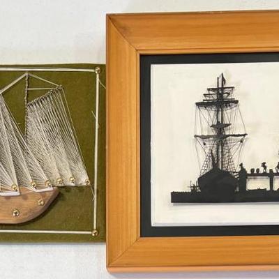 Framed 3 D Sail Boat Silhouette And String Woven Sail Boat With Felt Back