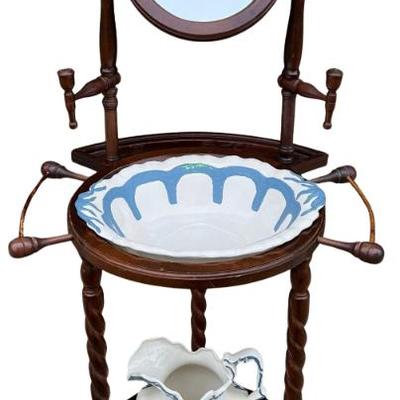 Antique Mirrored Wash Stand With Bowl, Pitcher, And Candle Holders