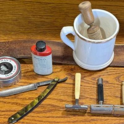Antique Lakeside Cutlery Straight Razor - Strop - 3 Hand Razors (1) Gillette - Ivory Soap - Shaving Mug