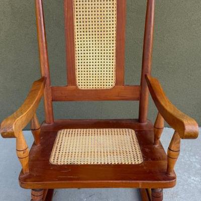Vintage Solid Wood Cane Back And Seat Rocking Chair