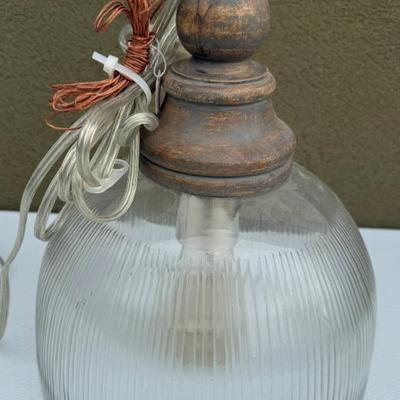 Hanging Plug In Ribbed Glass Pendant Light With Edison Bulb And Grounding Wire