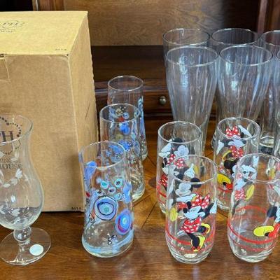 (6) Anchor Hocking Minnie Mouse Drinking Glasses, (6) Beer Glasses, Hurricane Glasses, Pixie Stirs, And More