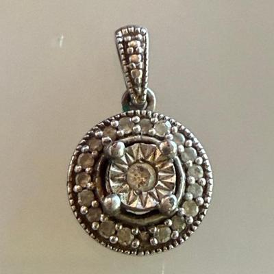 10k White Gold Tone Small Diamond & Marcasite Pendant -