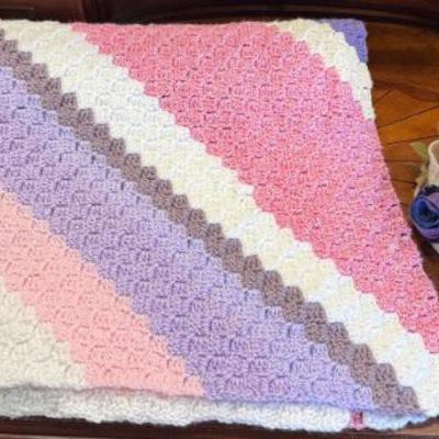 Screendoor Studios Recycled Sweater Hat And Hand Crochet Pink And Purple Blanket