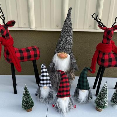 Pair Of Hand Made Reindeer, Holiday Gnomes, And Bottle Brush Trees