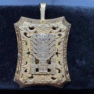 Yellow Gold 18k Pendant | Peruvian Incan Deity Design | Ornate Framework Frame | 28.64g Total Weight