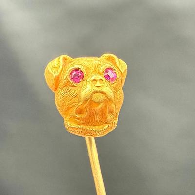 14K Gold Pug Stick Pin | Ruby Eyes | 1.59g | Vintage Canine Design
