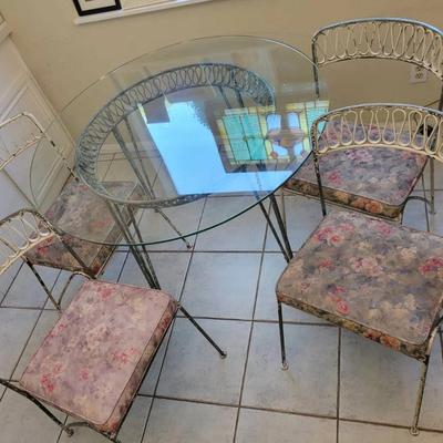 Vintage Wrought Iron Dining Set | 4 Chairs with Floral Cushions & Oval Glass Top Table | Retro Patio