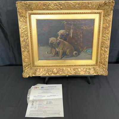 F.A. Scholesfield (1882) Oil on Canvas | “Pug Puppies” English School Painting | Gilt Frame