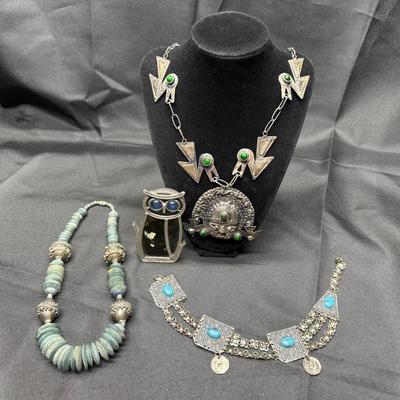 Tribal & Artisan Jewelry Lot | Silver Tone Inca Face Necklace, Turquoise, Beaded & Owl Art Deco