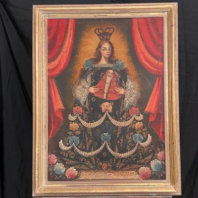 Colonial Cuzco School Style Oil Painting | Madonna and Child with Crown | Gilt Frame
