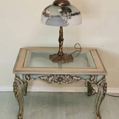 K.T. Javi Signed Hand-Painted Glass Lamp & Ornate Glass-Top Table | Vintage Cottage Style