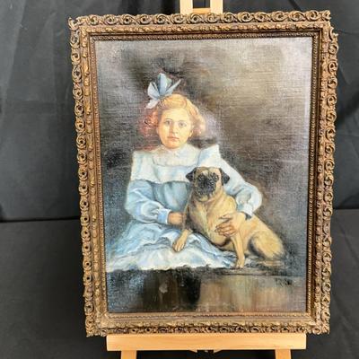 Antique 1800’s Oil Portrait Painting In Frame | Young Girl in Blue Dress w/ Pug | Ornate Gilt Frame