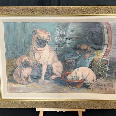 Antique Oil Painting of Pug Family | Signed Josef Staudacher 1913 | Framed Artwork