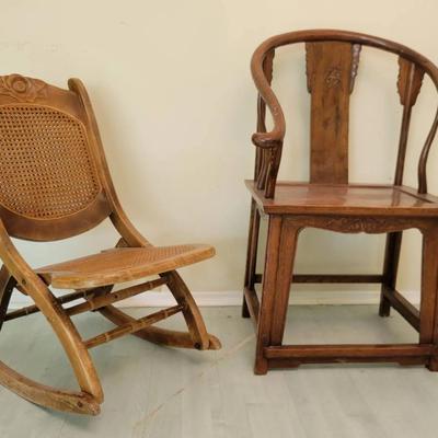 Pair of Vintage Wood Chairs | Carved Rose Cane Rocker & Asian-Style Horseshoe Armchair