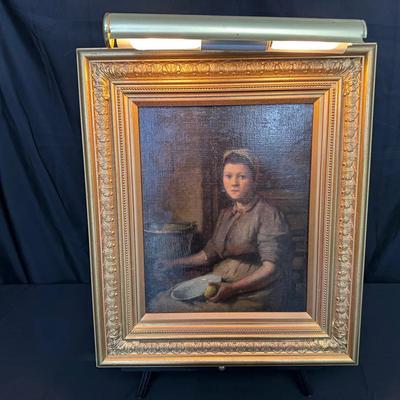 Oil Painting | Young Woman in Kitchen Scene | Antique Style Framed Artwork