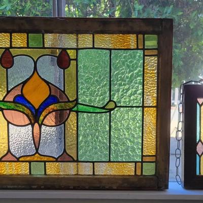 Antique Leaded Stained Glass Windows | Two Hanging Panels | Art Nouveau & Geometric Design