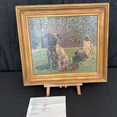 “Pugs at Play” Oil on Canvas | European School c. 1900 |  Unknown English Artist | Framed Fine Art