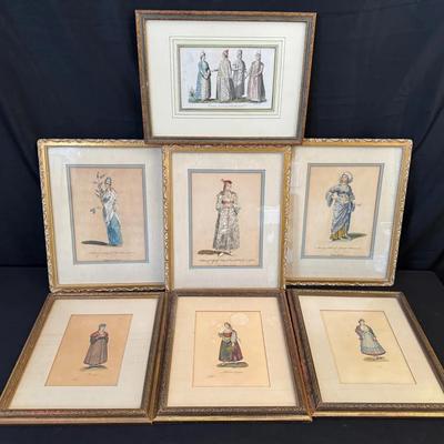 Set of 7 Antique Hand-Colored Costume Prints | 18th–19th C. Fashion Engraving