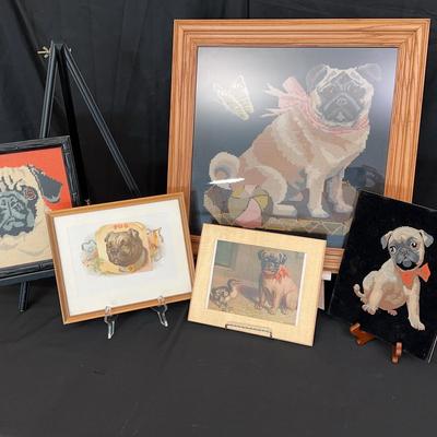 Framed Pug Art Collection | Needlepoint, Prints & Velvet Painting | 5-Piece Set