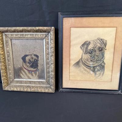 Pair of Pug Portraits | 1913 Charcoal Drawing Signed Hilda Benson & Oil on Canvas Dog Painting
