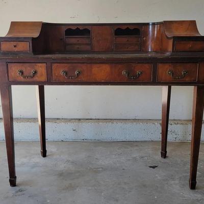 Vintage Mahogany Writing Desk with Leather Inset Top | Raised Gallery & Brass Pulls