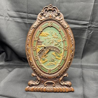 Vintage Wood Mantel Clock with Asian Landscape Relief | Pagoda & Bridge Design