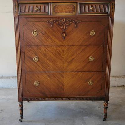 Vintage Inlaid Mahogany Tall Chest | Hepplewhite Style with Brass Pulls & Carved Details