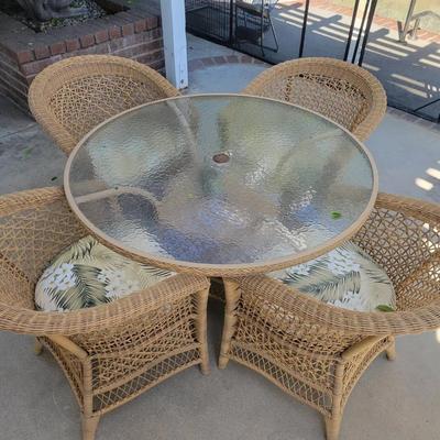 Ebel Outdoor Patio Dining Set | 4 Wicker Chairs with Cushions & Glass Top Table