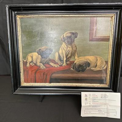 “Three Pugs on Red Cloth” Oil on Canvas | European School Style | Framed Vintage Dog Painting